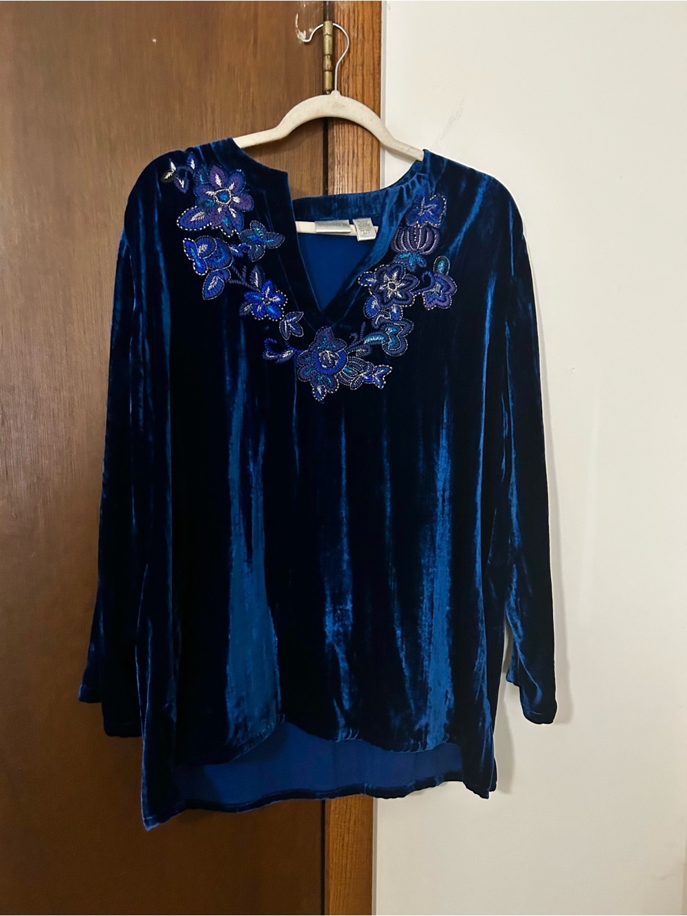 Chico's Navy Blue Velvet V-Neck Tunic with Beaded Floral Yoke